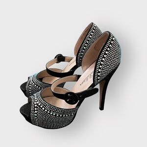 De Blossom Collection Black Glitter Rhinestone D'Orsay Open Toe Platform Heels